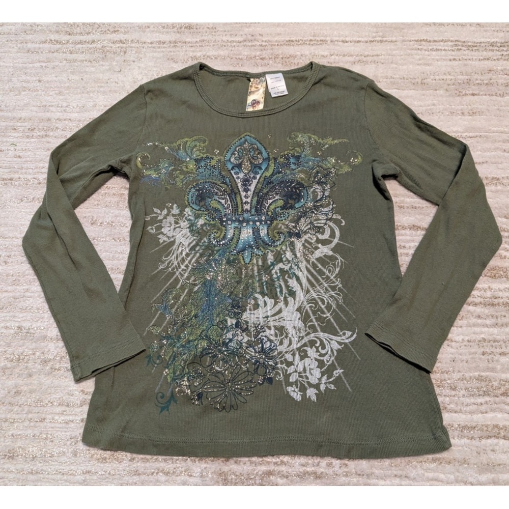 Spoiled Ribbed Top Shirt Sz L Bling Fleur De Lis Print Glitter Y2K Cyber‎ Fairy